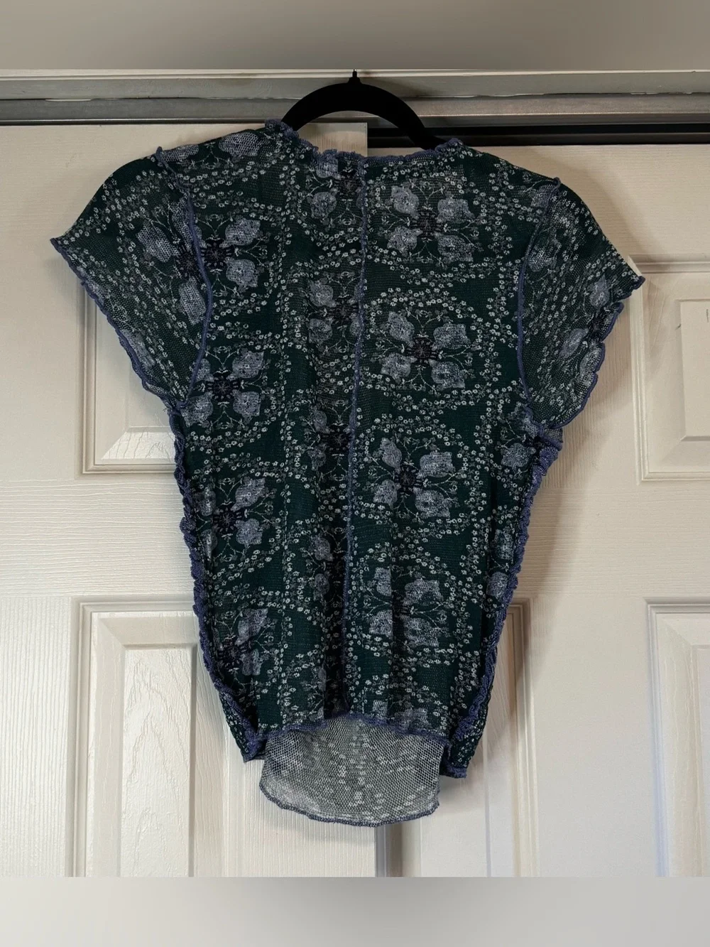 Free People Blue and Green Floral Cotton Mesh Short Sleeve Blouse - Size M NWT